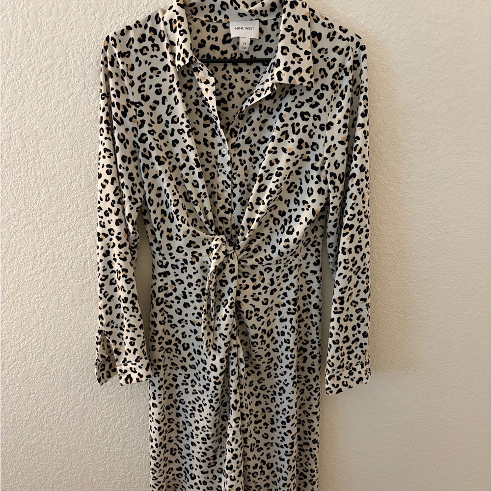 Nine West Black and Cream Animal Print Long Sleeve Dress